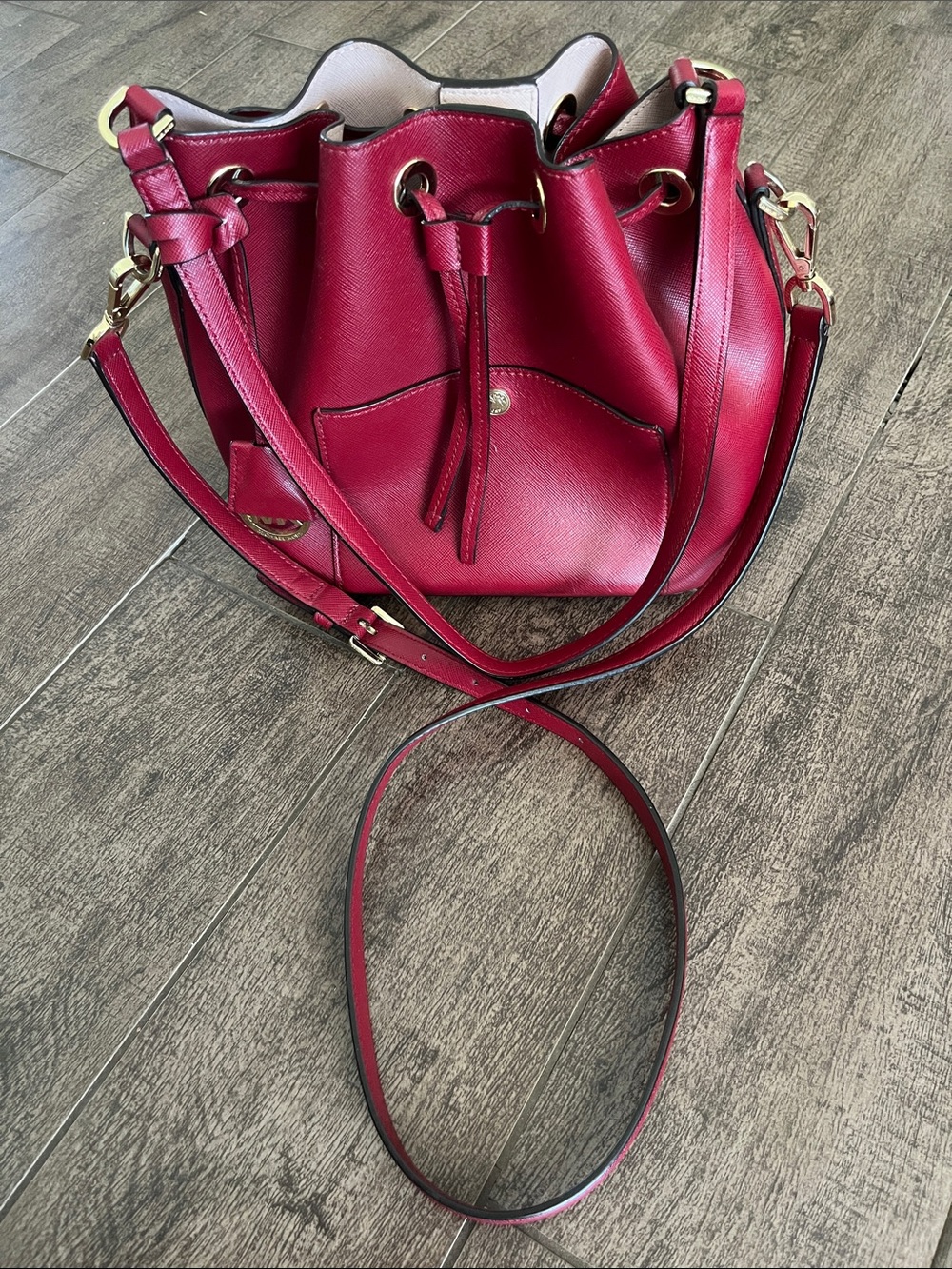 Michael Kors Red Saffiano Leather Drawstring Bucket Shoulder Bag